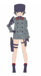 Rule 34 | 1girl, black gloves, boots, brown hair, buttons, camouflage, coat, cross-laced footwear, dagger, double-breasted, enkyo yuuichirou, frown, full body, fur hat, gloves, green eyes, hat, highres, knife, lace-up boots, long sleeves, military, military uniform, original, scarf, short hair, shuriken, simple background, skindentation, solo, standing, thigh strap, uniform, ushanka, weapon, white background