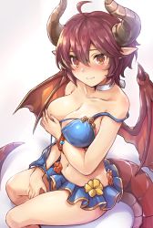 Rule 34 | 1girl, absurdres, bare shoulders, bikini, blue bikini, blue skirt, blush, breasts, choker, cleavage, closed mouth, collarbone, dragon girl, dragon horns, dragon tail, dragon wings, granblue fantasy, grea (shingeki no bahamut), hair between eyes, hand on own chest, highres, horns, large breasts, looking at viewer, miniskirt, pointy ears, purple hair, red eyes, samoore, shingeki no bahamut, short hair, sitting, skirt, solo, swimsuit, tail, thighs, untied bikini, wings
