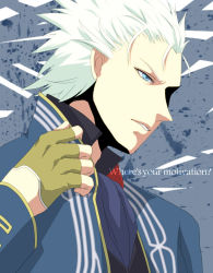 Rule 34 | 1boy, blue eyes, capcom, devil may cry (series), fingerless gloves, gloves, male focus, solo, spiked hair, vergil (devil may cry), white hair
