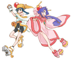 Rule 34 | 1990s (style), 2girls, bare shoulders, bike shorts, blue eyes, blue hair, bow, cherry (saber j), gloves, green eyes, hair bow, hair ornament, head scarf, japanese clothes, kimono, lime (saber j), long hair, low-tied long hair, multiple girls, pink bow, purple hair, retro artstyle, robe, saber marionette j, tugeneko, twintails, white background