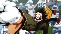 Rule 34 | 10s, 2boys, age difference, airborne, all might, animated, animated gif, backpack, bag, blonde hair, boku no hero academia, bottle, casual, casual, city, flying, green hair, grin, in air, looking at another, looking back, midoriya izuku, multiple boys, muscular, open mouth, pants, scared, shaded face, shirt, shoes, short hair, short sleeves, size difference, smile, superhero costume, t-shirt, talking, teeth, thick eyebrows, town, white shirt, wide-eyed, yagi toshinori