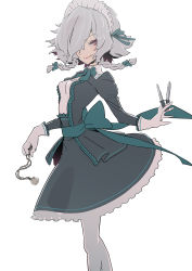 Rule 34 | 1girl, absurdres, between fingers, black dress, blush, bow, bowtie, braid, breasts, dress, gloves, green bow, green bowtie, green ribbon, green sash, hair bow, hair over one eye, hair ribbon, highres, holding, holding knife, holding weapon, izayoi sakuya, kawayabug, knife, knives between fingers, long sleeves, looking at viewer, maid, maid headdress, narrow waist, pantyhose, petticoat, pink lips, red eyes, ribbon, sash, short hair, silver hair, simple background, small breasts, smile, solo, touhou, twin braids, weapon, white background, white gloves, white pantyhose