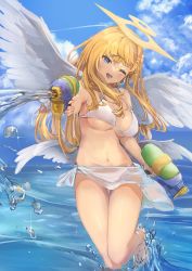 Rule 34 | 1girl, absurdres, angel, angel wings, bare arms, bare legs, bare shoulders, barefoot, bikini, blonde hair, blue eyes, blue sky, breasts, cleavage, cloud, commentary request, day, dual wielding, feathered wings, feet, halo, highres, holding, holding water gun, large breasts, long hair, looking at viewer, navel, ocean, one eye closed, open mouth, original, outdoors, sapota clone, sarong, sky, smile, solo, stomach, sunlight, swimsuit, thigh gap, water, water drop, water gun, white bikini, wings