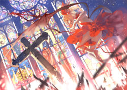 Rule 34 | 1girl, alternate wings, ass, bare legs, barefoot, bat wings, blonde hair, cross, destruction, dress, feet, female focus, flandre scarlet, laevatein, nail polish, no bra, no panties, red dress, red eyes, ribbon, ribs, solo, stained glass, touhou, ushi (newrein), wings