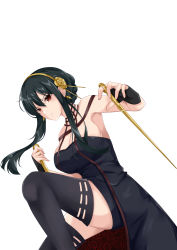 Rule 34 | 1girl, absurdres, black dress, black gloves, black hair, black thighhighs, breasts, cleavage, closed mouth, dagger, dress, dual wielding, earrings, expressionless, fingerless gloves, floating hair, gloves, gold earrings, gold hairband, hair between eyes, hair ornament, hairband, highres, holding, holding dagger, holding knife, holding weapon, jewelry, kitsun8, knife, large breasts, looking at viewer, red eyes, sidelocks, simple background, sleeveless, sleeveless dress, solo, spy x family, thighhighs, two-sided dress, two-sided fabric, weapon, white background, yor briar