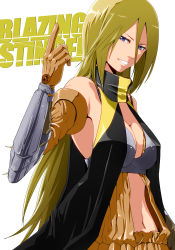 Rule 34 | 1girl, bare shoulders, blazing stinger (vocaloid), blonde hair, blue eyes, bra, breasts, cleavage, grin, hair between eyes, lily (vocaloid), long hair, looking at viewer, midriff, navel, no10, simple background, smile, solo, underwear, vocaloid, yellow bra