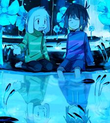 1boy 1other asriel_dreemurr black_pants black_shorts blue_theme closed_eyes commentary different_reflection english_commentary fangs flower frisk_(undertale) furry furry_male goat_boy lily_pad long_sleeves nisess_42 open_mouth pants reflection shorts sitting smile soaking_feet sweater twitter_username undertale water waterfall