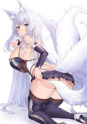 Rule 34 | 1girl, absurdres, animal ears, ass, azur lane, back, bare shoulders, blue eyes, boots, breasts, cleavage, closed mouth, convenient censoring, deogho (liujinzy9854), detached sleeves, fox ears, fox girl, fox tail, from behind, frown, high heel boots, high heels, highres, kneeling, large breasts, leaning forward, light blush, long hair, looking at viewer, looking back, microskirt, multiple tails, panties, race queen, shinano (azur lane), shinano (moonlit chrome) (azur lane), sideboob, simple background, skirt, solo, tail, thigh boots, underboob, underwear, very long hair, white background, white hair