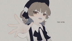Rule 34 | 1girl, bad id, bad pixiv id, black hat, black ribbon, brown eyes, character name, collared shirt, commentary request, fang, flower, grey background, grey hair, hat, hat flower, hatoba tsugu, long sleeves, looking at viewer, mole, mole under eye, neck ribbon, noinoi no1, noise, open mouth, reaching, reaching towards viewer, ribbon, shirt, simple background, skin fang, solo, suspenders, tsugu (vtuber), upper body, virtual youtuber, white flower, white shirt