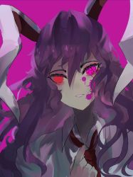 Rule 34 | 1girl, animal ears, blood, blood on face, closed mouth, collared shirt, colored blood, commentary, english commentary, grey shirt, hair between eyes, hand up, highres, long hair, looking at viewer, naufaldreamer, necktie, pink background, puffy short sleeves, puffy sleeves, purple blood, purple hair, rabbit ears, red eyes, red necktie, reisen udongein inaba, shirt, short sleeves, simple background, solo, teeth, touhou, upper body, wavy hair