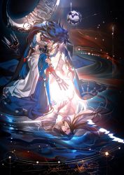 Rule 34 | 1boy, blue hair, crescent moon, dark blue hair, different reflection, dual persona, floating, floating hair, floating object, glowing, highres, japanese clothes, kneeling, light, long hair, looking at another, looking down, male focus, moon, onmyoji, outstretched hand, reaching, reflection, ripples, space, susabi (onmyoji), tuotuo