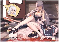 Rule 34 | 2girls, absurdres, apron, azur lane, bad id, bad yandere id, bare shoulders, belfast (azur lane), black footwear, blue eyes, braid, breasts, broken plate, buttons, chain, checkered floor, cherry, cleavage, closed mouth, collar, collarbone, cup, door, dress, edinburgh (azur lane), emphasis lines, failure, flying sweatdrops, food, unworn footwear, french braid, frilled apron, frills, fruit, gauntlets, glasses, gloves, hand up, highres, incredibly absurdres, indoors, knee up, large breasts, long hair, long legs, looking at viewer, maid, maid apron, maid headdress, mary janes, multiple girls, on floor, one eye closed, open mouth, pancake, plate, round eyewear, shoes, unworn shoes, single shoe, sitting, spill, strawberry, teacup, teapot, tears, thighhighs, third-party source, tile floor, tiles, torn clothes, torn legwear, underbust, very long hair, white dress, white gloves, white hair, white legwear, you ni ge shaobing