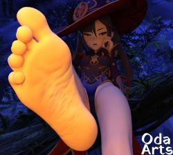 Rule 34 | 1girl, 3d, artist name, bare legs, barefoot, black hair, earrings, feet, femdom, foot focus, forest, from below, genshin impact, gold trim, green eyes, hair ornament, hat, jewelry, log, long hair, long sleeves, looking at viewer, mona (genshin impact), nature, oda arts, open mouth, soles, solo, standing, star (symbol), tree, twintails, very long hair, witch hat