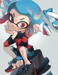 Rule 34 | 1girl, black footwear, black shorts, bloblobber (splatoon), blue hair, earrings, gradient hair, grin, hand up, highres, inkling, jewelry, koike3582, light blue hair, long sleeves, multicolored hair, nintendo, pointy ears, red eyes, red hair, red sole-chan (splatoon), shoelaces, shoes, short hair, shorts, simple background, sitting, smile, solo, splatoon (manga), splatoon (series), striped clothes, striped sweater, sweater, teeth, tentacle hair, twintails, two-tone hair, uneven eyes, v-shaped eyebrows, white background