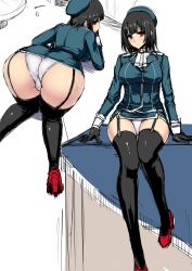 Rule 34 | 10s, 1girl, arched back, ass, bent over, beret, black gloves, black hair, black thighhighs, blush, breasts, dress, garter belt, garter straps, gloves, hat, high heels, hip focus, huge ass, ishimiso (ishimura), kantai collection, large breasts, looking at viewer, military, military uniform, multiple views, panties, pantyshot, red eyes, short dress, short hair, sitting, smile, takao (kancolle), thick thighs, thighhighs, thighs, underwear, uniform
