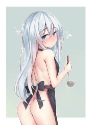 Rule 34 | 10s, 1girl, apron, ass, back, bare arms, bare shoulders, blue eyes, blush, cowboy shot, flying sweatdrops, hair between eyes, hibiki (kancolle), highres, holding, kantai collection, kure (kure ng), ladle, long hair, looking at viewer, naked apron, silver hair, solo, two-tone background