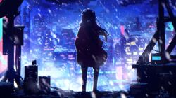 Rule 34 | 1girl, absurdres, black hair, black pants, building, city lights, cityscape, dated, facing ahead, from behind, full body, hands in pockets, highres, jacket, jill stingray, long sleeves, outdoors, pants, radio, red jacket, rnna, rooftop, satellite dish, signature, snow, snowing, solo, truss, twintails, va-11 hall-a, wind
