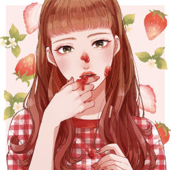 Rule 34 | 1girl, black eyes, blunt bangs, brown hair, checkered clothes, checkered shirt, food, food on face, fruit, hand up, highres, licking, licking finger, lipstick, long hair, looking at viewer, makeup, original, parted lips, red lips, red shirt, shirt, solo, strawberry, tsunko (9v2 q), unmoving pattern, upper body