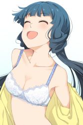 Rule 34 | 1girl, bad id, bad twitter id, bare shoulders, blue bra, blue hair, blunt bangs, blush, bra, breasts, cleavage, closed eyes, collarbone, gradient background, highres, hiroki (yyqw7151), idolmaster, idolmaster million live!, kitakami reika, lace, lace-trimmed bra, lace trim, light blue bra, long hair, no navel, open mouth, pointy nose, shirt, unworn shirt, solo, twintails, underwear, yellow shirt