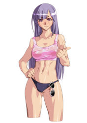 Rule 34 | 1girl, bikini, bikini bottom only, blunt bangs, blunt ends, breasts, covered erect nipples, crop top, gundam, gundam zz, hand on own hip, long hair, looking at viewer, medium breasts, midriff, navel, nipples, pointing, pointing at viewer, purple eyes, purple hair, qkat (arikawa-dou), roux louka, see-through, smile, solo, stomach, sunglasses, swimsuit, toned, white background