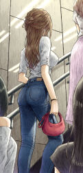Rule 34 | 4girls, absurdres, aramachi, ass, bag, brown hair, denim, feet out of frame, from below, grey shirt, half updo, highres, holding, holding bag, jeans, multiple girls, original, pants, people, ribbed shirt, shirt, solo focus, stairs