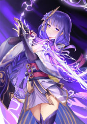 Rule 34 | 1girl, braid, breasts, bridal gauntlets, cleavage, commentary request, electricity, floral print, flower, genshin impact, hair ornament, highres, holding, holding sword, holding weapon, japanese clothes, kimono, large breasts, long hair, long sleeves, looking at viewer, mitsudomoe (shape), mole, mole under eye, nail polish, obi, obiage, obijime, open mouth, purple eyes, purple flower, purple hair, purple nails, raiden shogun, ribbon, sash, shaoxiao, simple background, smile, solo, sword, tassel, thighhighs, tomoe (symbol), weapon, wide sleeves