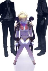 Rule 34 | 1girl, 2boys, aegis (persona), android, blonde hair, bow, bowtie, closed eyes, commentary request, digital media player, full body, gekkoukan high school uniform, hairband, hands in pockets, head out of frame, headphones, highres, joints, knees together feet apart, mechanical legs, mochizuki ryouji, multiple boys, on chair, persona, persona 3, red bow, red bowtie, ribbon, robot joints, scarf, school uniform, short hair, sitting, standing, tokofu u, white background, yuuki makoto (persona 3)