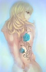 Rule 34 | 10s, 1girl, back tattoo, blonde hair, blue flower, blue rose, brown eyes, female focus, flower, from behind, gradient background, karina lyle, long hair, nude, rose, sixc, solo, tattoo, tiger &amp; bunny