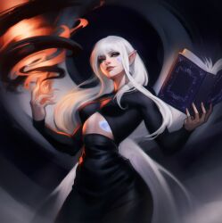 Rule 34 | 1girl, absurdres, black dress, book, breasts, cleavage cutout, closed mouth, clothing cutout, commission, daria shilo, dress, eyeshadow, fire, grey eyes, highres, holding, holding book, long hair, looking at viewer, magic, makeup, medium breasts, open book, pointy ears, pyrokinesis, silvenia ettertree, smile, solo, stomach cutout, the wandering inn, very long hair, white hair