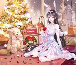 Rule 34 | 1girl, absurdres, animal ears, artist request, bare shoulders, brown hair, carpet, christmas tree, douluo dalu, dress, flower, full body, gift, highres, holding, holding flower, long hair, pillar, rabbit ears, second-party source, sitting, snow, solo, star (symbol), stuffed animal, stuffed toy, table, teddy bear, white dress, white footwear, xiao wu (douluo dalu)