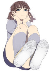 Rule 34 | 1girl, blue eyes, blunt bangs, blush, brown hair, closed mouth, from below, frown, full body, grey shirt, grey socks, hands on own cheeks, hands on own face, kneehighs, looking at viewer, mattaku mousuke, miniskirt, original, shirt, shoes, shorts, simple background, skirt, socks, solo, squatting, twintails, upskirt, white background