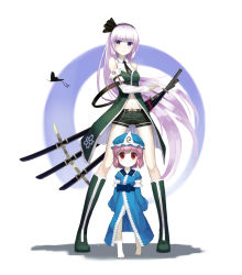 Rule 34 | 2girls, adapted costume, aged down, aged up, alternate costume, alternate hair length, alternate hairstyle, bad id, bad pixiv id, bare shoulders, belt, blue eyes, bug, butterfly, child, detached sleeves, female focus, fighting stance, hair ribbon, hairband, highres, insect, keli bang, konpaku youmu, konpaku youmu (ghost), long hair, long sleeves, looking at viewer, multiple girls, navel, necktie, pink hair, purple eyes, ready to draw, red eyes, ribbon, role reversal, saigyouji yuyuko, scabbard, sheath, short hair, shorts, single sock, socks, standing, sword, touhou, triangular headpiece, very long hair, weapon, wide sleeves