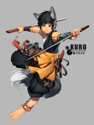 Rule 34 | 1boy, absurdres, animal ears, anklet, armguard, barefoot, black hair, brown eyes, cargo pants, child, draugnut, feet, fox ears, fox tail, full body, grey background, highres, jewelry, kuro (blockun), looking at viewer, male focus, muscular, original, pants, sheath, short hair, simple background, smile, solo, sword, tail, tank top, toes, weapon, yellow eyes