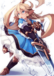 Rule 34 | 1girl, :o, blonde hair, blue eyes, blue skirt, charlotta (granblue fantasy), commentary request, crown, full body, gauntlets, granblue fantasy, harvin, holding, holding sword, holding weapon, long hair, looking away, opanchu (hakusen), open mouth, pointy ears, simple background, skirt, solo, sword, very long hair, weapon, white background