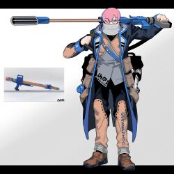 Rule 34 | 1other, black pants, brown footwear, coat, full body, glasses, gun, highres, holding, holding gun, holding weapon, long sleeves, looking at viewer, nintendo, one eye closed, open clothes, open coat, over shoulder, pants, personification, pink hair, reference inset, shoes, sido (slipknot), signature, simple background, snipewriter (splatoon), solo, splatoon (series), weapon, weapon over shoulder
