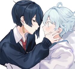 Rule 34 | 2boys, ahoge, black sweater, blue eyes, blue hair, blunt bangs, blunt ends, blush, chongyun (genshin impact), collared shirt, commentary request, earrings, eye contact, genshin impact, half-closed eyes, hand on another&#039;s cheek, hand on another&#039;s face, highres, hnnoo, imminent kiss, jewelry, light blue hair, long sleeves, looking at another, male focus, multiple boys, necktie, open mouth, red necktie, school uniform, shirt, short hair, simple background, single earring, sweater, tassel, tassel earrings, upper body, white background, white shirt, wide-eyed, xingqiu (genshin impact), yaoi