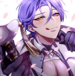 Rule 34 | 1boy, blush, cherry blossoms, close-up, earrings, gloves, heterochromia, highres, holding, jewelry, kuya (nu carnival), licking, licking lips, looking at viewer, male focus, mole, mole under eye, nu carnival, pectoral cleavage, pectorals, purple eyes, purple hair, short hair, slit pupils, tongue, tongue out, white background, yadome810, yellow eyes