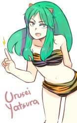 Rule 34 | 1girl, animal print, arm behind back, bare shoulders, bikini, blue eyes, cioccolatodorima, collarbone, cone horns, eyeshadow, fang, green eyes, horns, leaning, leaning forward, lightning, lightning bolt symbol, long hair, lum, makeup, navel, oni, open mouth, pointing, pointy ears, simple background, smile, solo, swimsuit, text focus, tiger print, urusei yatsura, white background