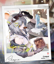 Rule 34 | 1girl, artist request, character name, chocolate, copyright name, croque (neural cloud), denim, denim shorts, from above, girls&#039; frontline, girls&#039; frontline neural cloud, gloves, goggles, goggles on head, gradient hair, grey hair, hair between eyes, hair ornament, hairclip, hand saw, highres, hood, hood down, hoodie, jacket, long hair, looking at viewer, mouth hold, multicolored hair, official art, polaroid, saw, screw, shorts, sleeveless, sleeveless hoodie, sleeves pushed up, solo, tools, valentine, white hoodie, yellow eyes