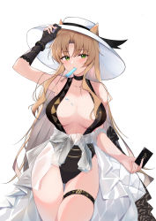 Rule 34 | 1girl, absurdres, animal ears, arknights, bare shoulders, black choker, black gloves, black one-piece swimsuit, blonde hair, blush, bracelet, breasts, breasts apart, card, casual one-piece swimsuit, choker, clothes around waist, collarbone, cowboy shot, ears through headwear, elbow gloves, food, food on body, food on breasts, gloves, green eyes, hand on headwear, hat, highres, holding, holding card, jewelry, large breasts, long hair, looking at viewer, mouth hold, official alternate costume, one-piece swimsuit, parted bangs, partially fingerless gloves, popsicle, simple background, single glove, skindentation, solo, sun hat, swimsuit, swire (arknights), thigh gap, thigh strap, tiger ears, useless (102960190014), very long hair, white background, white hat