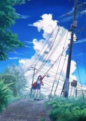 Rule 34 | 1girl, absurdres, arm up, blue shorts, blue sky, cloud, cumulonimbus cloud, day, grass, hat, highres, holding, holding clothes, holding hat, jacket, kumagaya nono, long hair, looking at viewer, original, outdoors, power lines, railing, red jacket, rural, scenery, shirt, shorts, sky, smile, solo, stairs, standing, summer, tree, unworn hat, unworn headwear, utility pole, waving, white hat, white shirt