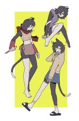 Rule 34 | 1girl, animal ears, animal print, arm at side, bare arms, bare legs, bare shoulders, barefoot, black hair, blue skirt, blush, body fur, bottomless, brown skirt, cat ears, cat girl, cat tail, closed eyes, dungeon meshi, facing to the side, facing viewer, fighting stance, fingerless gloves, fish print, flip-flops, full body, gloves, hand up, highres, holding, holding knife, holding weapon, hup cheop, invisible chair, izutsumi, knife, licking, licking hand, long sleeves, looking at viewer, looking away, midriff, miniskirt, mouth hold, multicolored fur, multiple views, navel, outside border, outstretched arm, profile, purple shirt, red scarf, sandals, scarf, shirt, shoe dangle, short hair, short sleeves, sideways glance, sitting, skirt, sleeveless, socks, stalk in mouth, standing, standing on one leg, straw (stalk), sweater, tail, tail wrap, weapon, yellow background