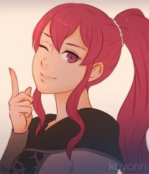 Rule 34 | 1girl, anna (fire emblem), artist name, closed mouth, fire emblem, fire emblem: three houses, koyorin, long hair, long sleeves, nintendo, one eye closed, ponytail, red eyes, red hair, simple background, smile, solo, upper body
