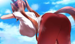 Rule 34 | 1girl, ass, breasts, daiwa scarlet (umamusume), from behind, horse girl, horse tail, huge ass, large breasts, long hair, pants, ricochet-gou, short sleeves, sky, solo, steam, sweat, tail, track pants, twintails, umamusume