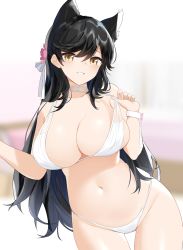 Rule 34 | 1girl, animal ear fluff, animal ears, atago (azur lane), atago (summer march) (azur lane), atago (summer march) (azur lane), azur lane, bad id, bad pixiv id, bikini, bikini tug, black hair, blurry, blurry background, blush, breasts, brown eyes, choker, cleavage, commentary request, cowboy shot, extra ears, flower, groin, hair between eyes, hair flower, hair ornament, hair ribbon, highres, large breasts, long hair, looking at viewer, midriff, mole, mole under eye, navel, parted lips, revision, ribbon, shengtian, shiny skin, smile, solo, standing, swept bangs, swimsuit, white bikini, white choker, white ribbon, wrist cuffs