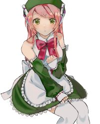 Rule 34 | 1girl, apron, back bow, beret, blush, bow, bowtie, detached sleeves, dress, green eyes, hair ornament, hairclip, hand on own chest, hat, highres, invisible chair, long hair, long sleeves, looking at viewer, momone momo, no.16, open mouth, pink hair, robot ears, sitting, sleeveless, sleeveless dress, solo, thighhighs, utau, white background