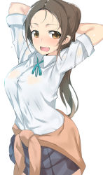 Rule 34 | 1girl, arms behind head, arms up, blue skirt, breasts, brown eyes, brown hair, clothes around waist, collared shirt, cowboy shot, dress shirt, forehead, large breasts, long hair, looking at viewer, open mouth, original, osuman toruko, pleated skirt, school uniform, see-through, shirt, sidelocks, simple background, skirt, sleeves rolled up, smile, solo, sweat, sweater, sweater around waist, white background, white shirt