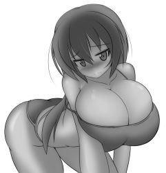 Rule 34 | 1girl, blush, breasts, cleavage, embarrassed, female focus, full-face blush, highres, huge breasts, leaning forward, long hair, monochrome, moralgear, solo, thighs