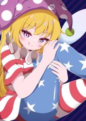 Rule 34 | 1girl, american flag dress, american flag legwear, ass, blonde hair, blush, clownpiece, diagonal stripes, feet out of frame, flat chest, g4ku, hat, heart, heart-shaped pupils, highres, jester cap, knee up, long hair, looking at viewer, neck ruff, pantyhose, polka dot, purple background, purple eyes, purple hat, short sleeves, simple background, solo, star (symbol), star print, striped, symbol-shaped pupils, thighs, touhou, v-shaped eyebrows, very long hair