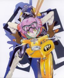 Rule 34 | 00s, 1girl, bass guitar, boots, cleaned, flcl, from above, gloves, goggles, goggles on head, haruhara haruko, helmet, highres, instrument, looking at viewer, motor vehicle, non-web source, official art, pink hair, sadamoto yoshiyuki, scooter, smirk, solo, vehicle, vespa, yellow eyes